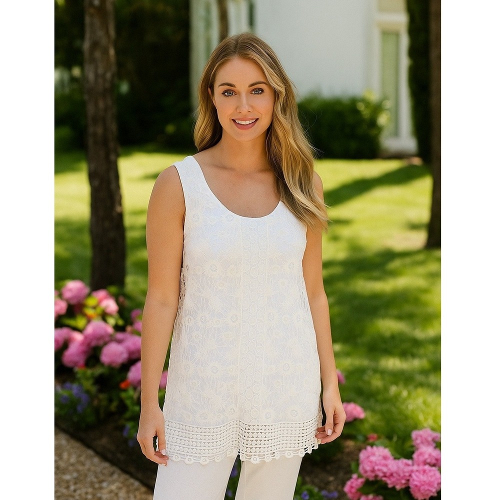 Christopher & Banks Petite PL White Crochet Lace Sleeveless‎ Tunic Tank Top